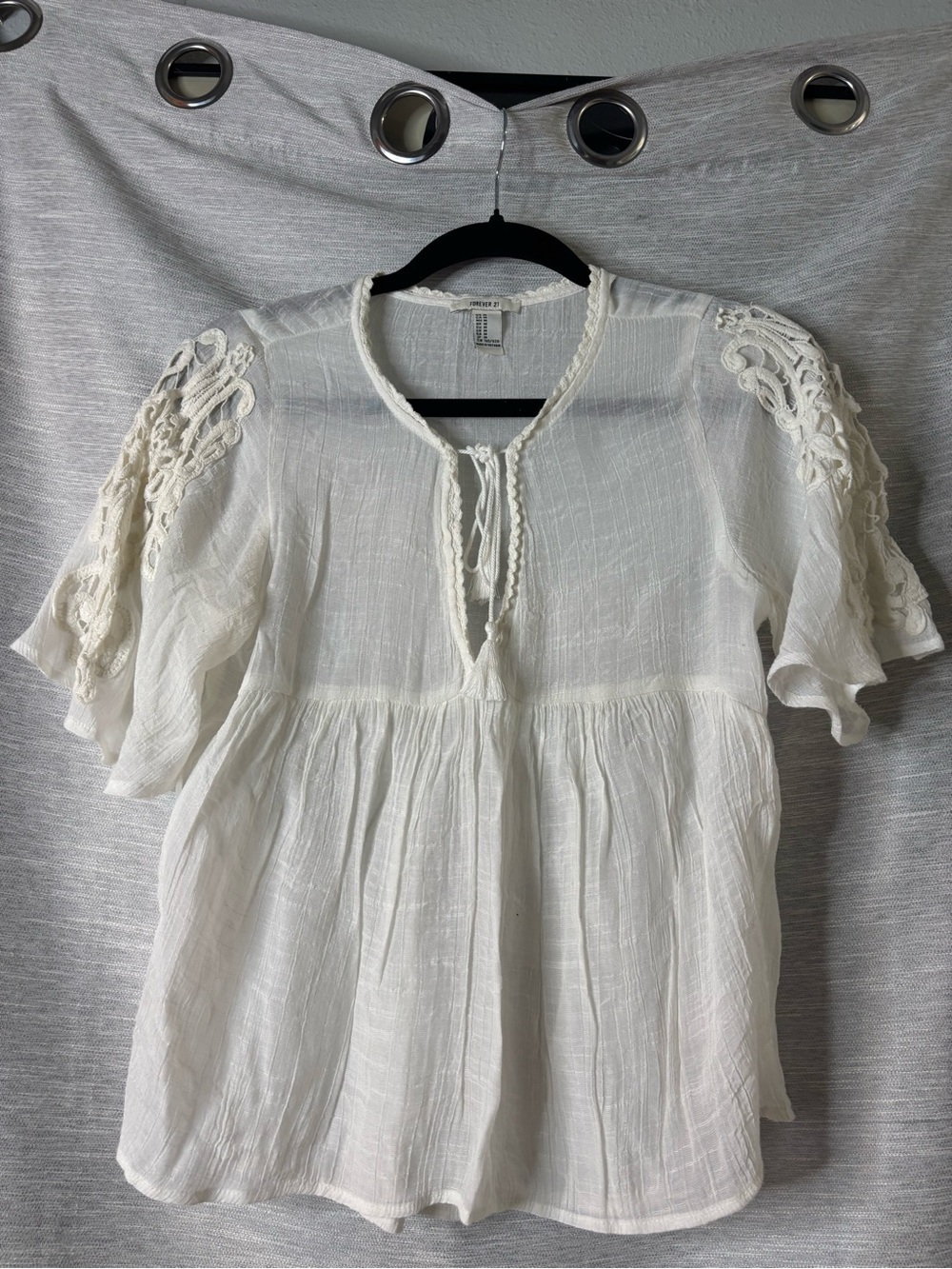Forever 21 Cream Lace-Trim Peasant Blouse